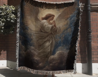 Sacred Angel Woven Blanket; Vintage Religious Tapestry for Catholic Home Decor