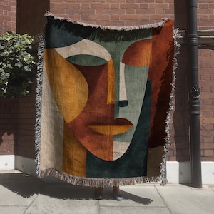 Modern Abstract Face Woven Blanket; Mid Century Geometric Tapestry