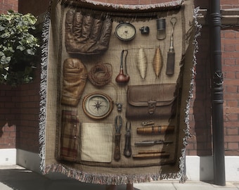 Vintage Fishing Gear Tapestry, Lake House Woven Blanket, Antique Fishing Wall Hanging, Cabin Decor, Nautical Home Decor, Gift for Fisherman