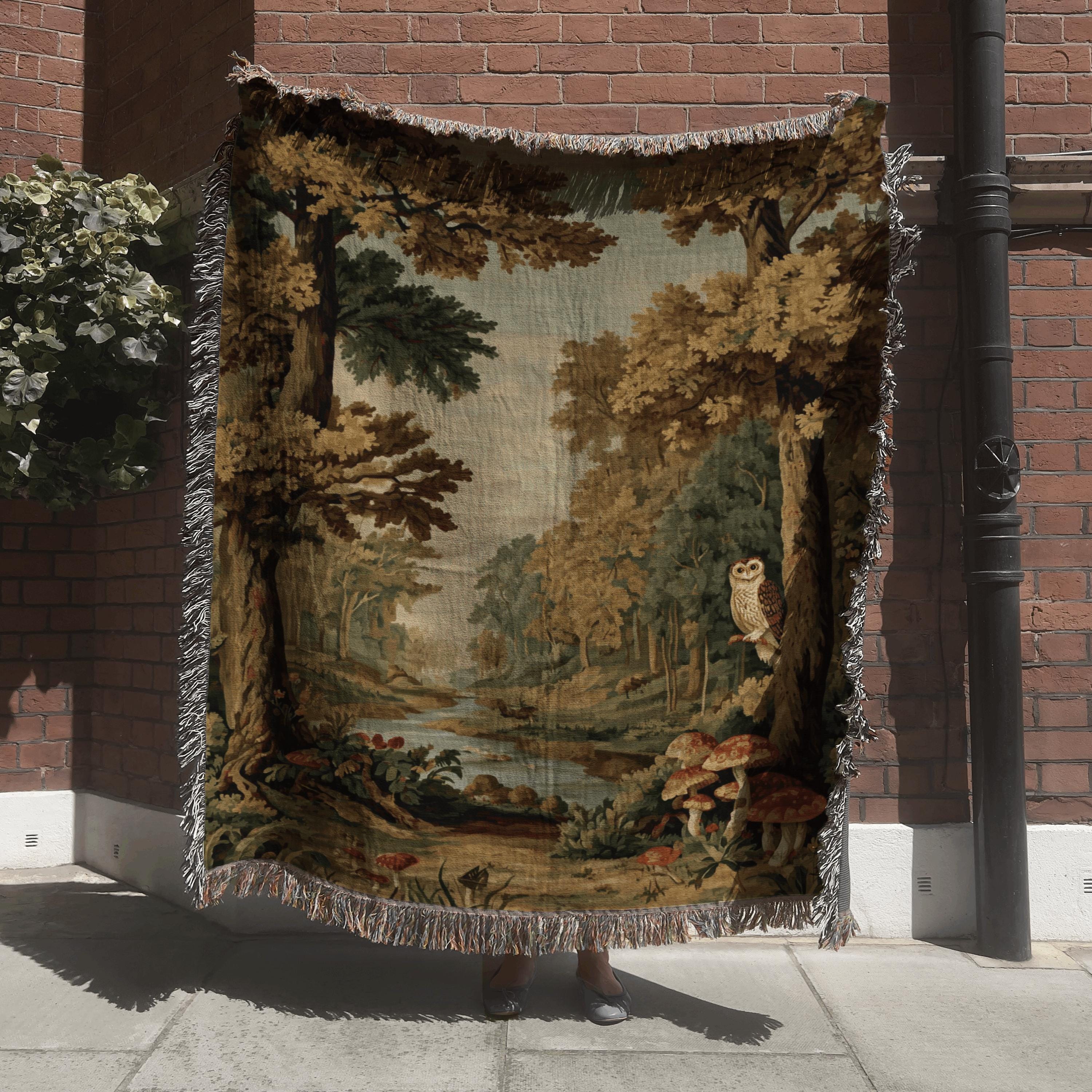 Antique Woodland Owl Woven Blanket, Vintage Forest Scene Tapestry with Pond