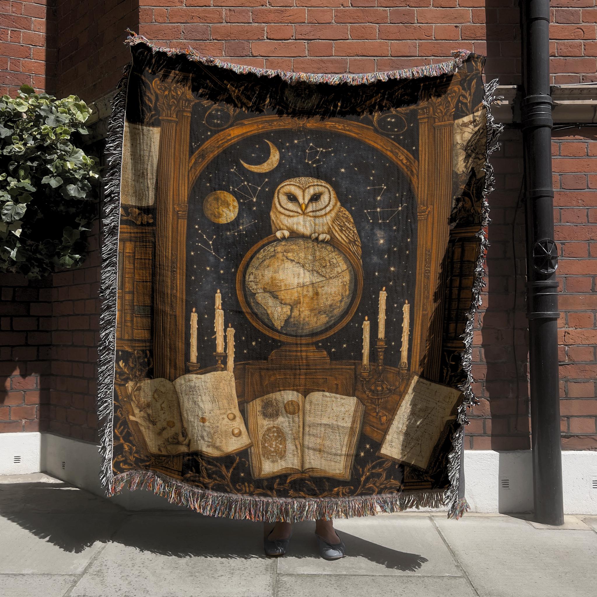 Mystical Owl & Globe Tapestry, HP Inspired Wall Hanging, Celestial Folk Style Woven Blanket, Vin
