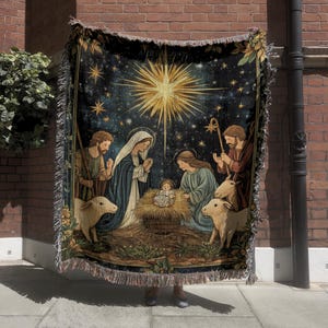 Sacred Nativity Woven Blanket, Medieval Christmas Tapestry, Religious Jesus Wall Hanging, Holiday Home Decor, Historical Throw Blanket