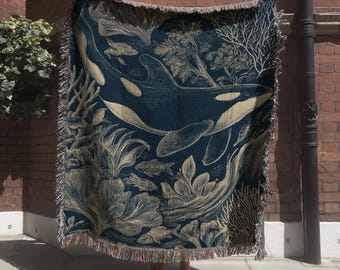 Orca Ocean Scene Woven Blanket; Nautical Marine Tapestry with Coral Reef,