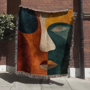 Modern Tapestry with Abstract Face; Artristic Mid Century Woven Blanket