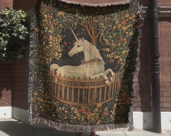Vintage Medieval Unicorn Tapestry; Antique Unicorn in Captivity Inspired Woven Blanket
