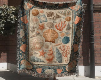 Beach-Inspired Shells Tapestry with Coral; Coastal Ocean Life Woven Blanket