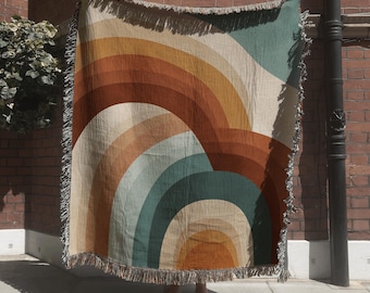 Minimal Retro Landscape Tapestry; Geometric Modern Woven Blanket with 70s Inspired Design