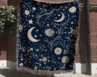 Celestial Blanket Moon Tapestry, Floral Starry Night Woven Wall Hanging, Astrology Moonlit Decorative Blanket, Celestial Aesthetic Decor