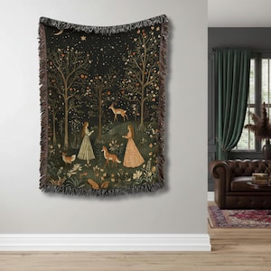 Forest Tapestry Woven Blanket, Enchanted Folk Art Throw, Magical Fairy Tale Home Decor, Ethereal Woodland Wall Hanging, Mythical Nature afbeelding 7