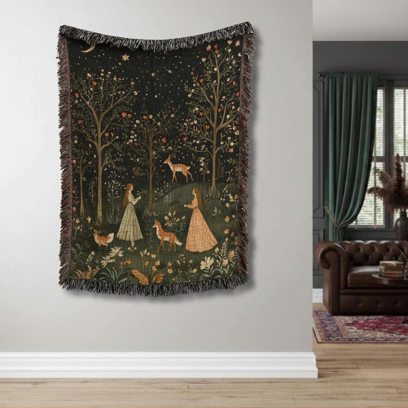 Forest Tapestry Woven Blanket, Enchanted Folk Art Throw, Magical Fairy Tale Home Decor, Ethereal Woodland Wall Hanging, Mythical Nature afbeelding 7