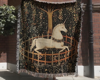 Medieval Unicorn Tapestry, Unicorn in Captivity Woven Blanket, Lady and the Unicorn Wall Hanging, Renaissance Fair Throw, Medieval Art