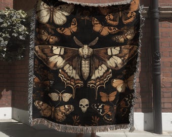 Gothic Death's Head Hawkmoth Tapestry; Dark Moody Moth Woven Blanket