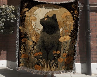 Floral Black Cat Tapestry with Moon and Flowers; Celestial Pet Tapestry