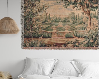 Chateau and Garden French Verdure, Castlecore Woven Throw Blanket, Renaissance Faire Medieval Tapestry, Nature Tapestry, Medieval Home Decor
