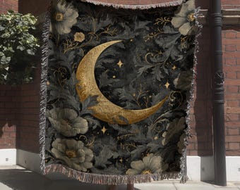 Dark Floral Moonlit Woven Blanket with Flowers; Romantic Gothic Tapestry with Moon