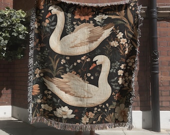 Vintage Swan Woven Blanket, Floral White Birds Tapestry, Elegant Nature Wall Hanging, Romantic Boho Home Decor, Cozy 100% Cotton Blanket