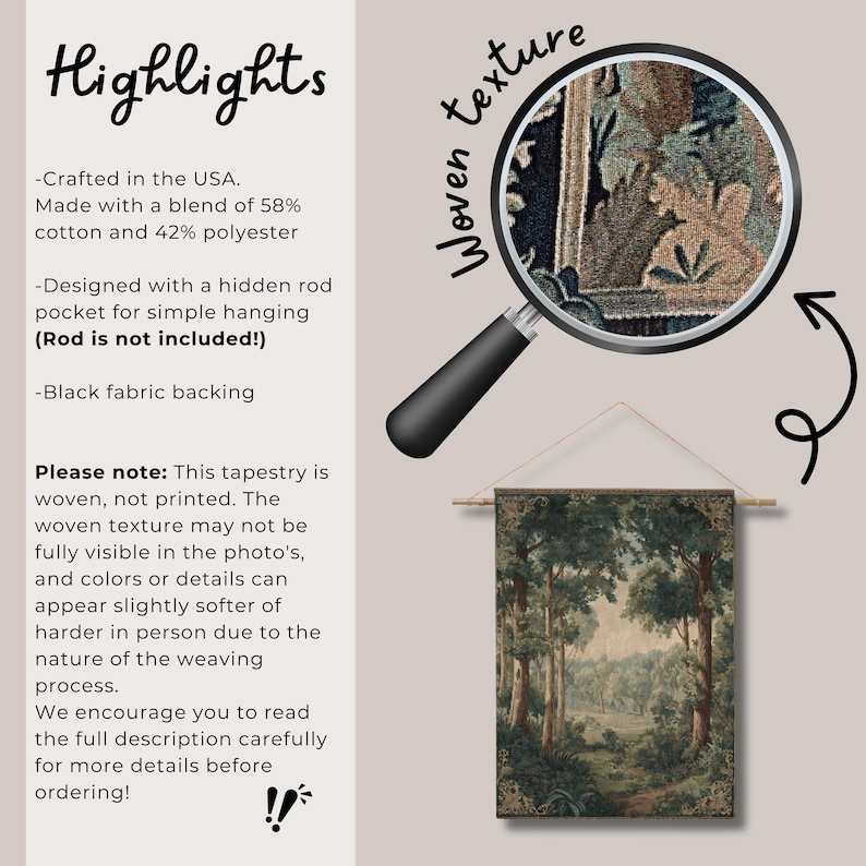 May include: A woven tapestry featuring a forest scene with tall trees and a path. The tapestry is designed with a hidden rod pocket for hanging. The image includes text that says "Highlights" and "woven texture".