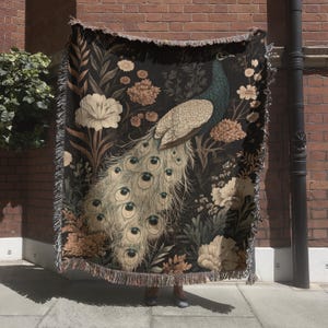 Vintage Peacock Woven Blanket with Botanical Garden Design, Dark Botanical Animal Tapestry White Bird Wall Hanging, 100 % Cotton Woven Throw
