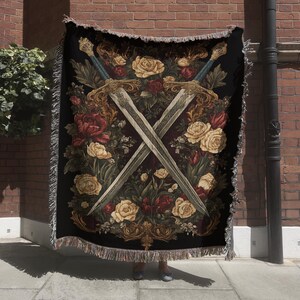 Medieval Sword Tapestry with Floral Accent, Renaissance and Fantasy Woven Blanket, Middle Earth Wall Decor, Whimsical & Gothic Home Decor