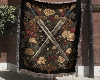 Medieval Sword Tapestry with Floral Accent, Renaissance and Fantasy Woven Blanket, Middle Earth Wall Decor, Whimsical & Gothic Home Decor