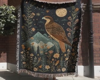 Celestial Falcon Folk Art Tapestry, Bird Throw, Night Sky Floral Mountain Woven Blanket, Vintage Moon & Stars Nature Inspired Wall Hanging
