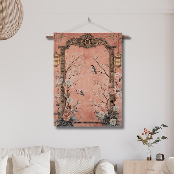 Japanese Chinoiserie Woven Wall Tapestry; Pink Floral Wall Hanging with Birds