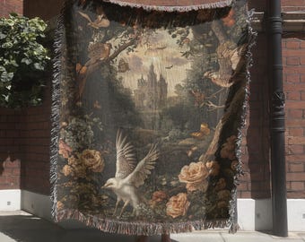 Castlecore Medieval Tapestry, Enchanted Forest Hand Woven Blanket, Gothic Tapestry, Renaissance Fair Wall Hanging, Floral Mythical Creature