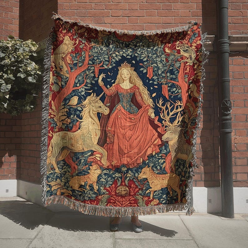 Lady and the Unicorn Tapestry, Medieval Tapestry, Historical Wall Hanging, Vintage Woven Blanket, Historical Home Decor, Medieval Wall Decor immagine 1