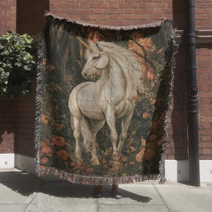 Majestic Unicorn Tapestry, Medieval Woven Blanket, Enchanted Forest Wall Hanging, Floral Fantasy Art Bed Cover, Magical Horse Wall Decor