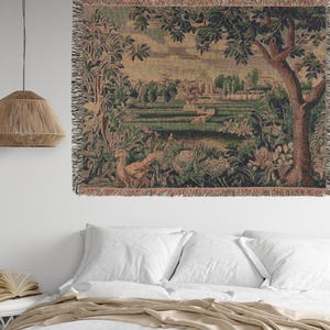 French Medieval Tapestry, Verdure with Chateau and Garden, Renaissance Fair Greenery Woven Throw Blanket, European Landscape Nature Tapestry