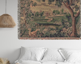 French Medieval Tapestry, Verdure with Chateau and Garden, Renaissance Fair Greenery Woven Throw Blanket, European Landscape Nature Tapestry