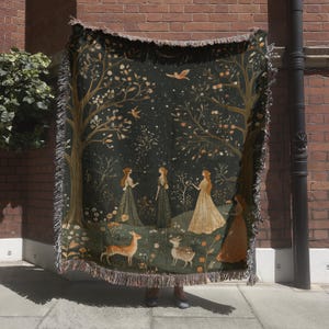 Enchanted Forest Tapestry, Fantasy Woodland Woven Blanket, Folk Art Fairytale Wall Hanging, Nature Lover Gift, 100% Cotton Woven Throw