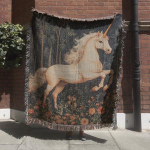 Medieval Unicorn Tapestry, Floral Fantasy Woven Throw Blanket, Whimsical Unicorn Wall Hanging, Large Wall Tapestry, Mythical Creature Gift