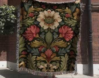 Abstract Floral Art Tapestry, Botanical Meadow Woven Blanket, William Morris Inspired, Forest & Nature Wall Hanging, Modern Flower Design