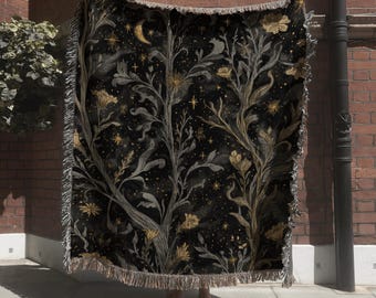 Gothic Floral Night Sky Tapestry; Dark Botanical Woven Blanket with Flowers and stars