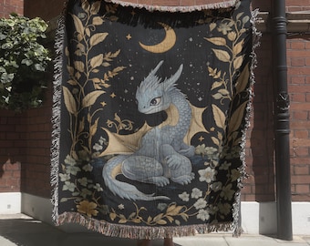 Celestial Baby Dragon Embroidery Woven Blanket, Fantasy Tapestry Throw, Magical Nursery Decor, Medieval Tapestry Art, Castlecore Home Decor