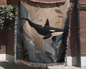Abstract Orca Underwater Tapestry; Oceanic Marine Wildlife Woven Blanket