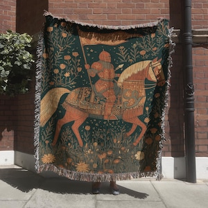 Red Knight Medieval Tapestry, Armored Warrior Horseback Woven Wall hanging, Historic Floral Renaissance Decorative Throw, Gothic Wall Art