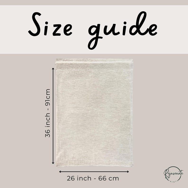 K&ouml;nnte beinhalten: Ein hellfarbiger rechteckiger Stoff mit dem Text "Size guide" in schwarzer Schrift. Die Abmessungen betragen 91 cm H&ouml;he und 66 cm Breite. Das Rejuvenate Prints-Logo befindet sich unten rechts.