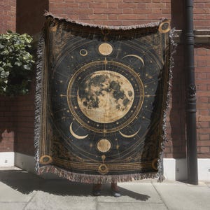 Moon Phase Woven Throw Blanket, Celestial Luna Tapestry, Astrology & Cosmic Wall Hanging, Mytical Space Decor, Astronomy Blanket