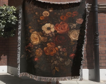 Dark Autumn Flower Woven Throw Blanket, Vintage Fall Floral Tapestry, Rustic Fall Decor, Moody Botanical Wall Hanging, Maximalist Wall Decor