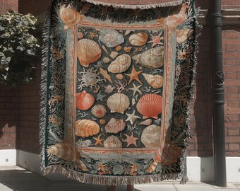 Coastal Shells Woven Blanket; Beach-Inspired Tapesty with Sea Shell and Starfish