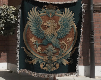 Heraldic Griffin Woven Blanket; Medieval Mythical Creature Tapestry