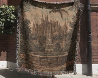Medieval Tapestry, Castlecore & Dragon Woven Blanket, Floral Fantasy Large Wall Tapestry, Medieval Home Decor Gift, Historic Woven Art