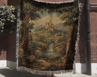 French Verdure Wall Tapestry; Forest Castle Woven Blanket with Waterfall Scene