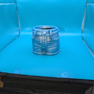 May include: A small, metallic blue planter shaped like a pair of denim shorts. The planter features molded details including a waistband, a central button, front pockets, and stitched seams, creating a realistic representation of short pants.