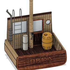 May include: A wooden model of a boat cabin with the word "ORCA" carved into the front. The model features a ladder, a smokestack, a mast, and a yellow barrel. The cabin has a window and a door.