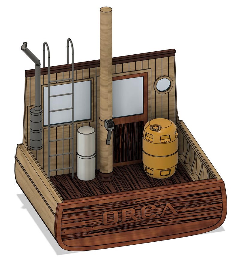 May include: A wooden model of a boat cabin with the word "ORCA" carved into the front. The model features a ladder, a smokestack, a mast, and a yellow barrel. The cabin has a window and a door.