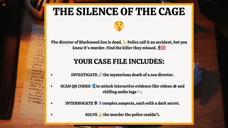 Puede incluir: Un p&oacute;ster titulado "THE SILENCE OF THE CAGE" que detalla un juego de misterio de asesinato. El texto incluye instrucciones para investigar una muerte, escanear c&oacute;digos QR, interrogar a sospechosos y resolver un asesinato. El p&oacute;ster est&aacute; sobre una superficie de madera.