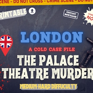 Op de afbeelding: Een donkerblauwe printbare afbeelding met het woord "LONDON" in grote blauwe letters. De tekst "A COLD CASE FILE" en "THE PALACE THEATRE MURDER" worden ook weergegeven. Een Union Jack-speld en een kurkentrekker zijn zichtbaar.